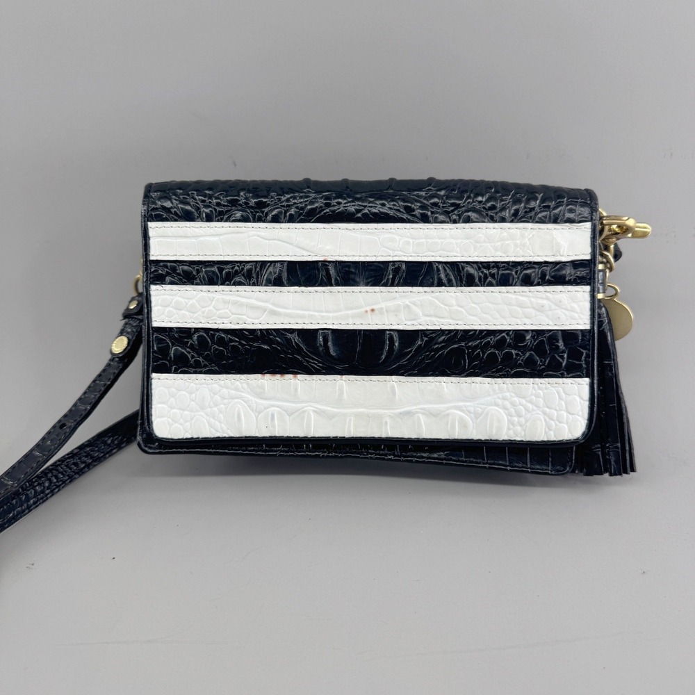 Brahmin Womens Croc Embossed Leather Striped Crossbody Wallet Bag Black White
